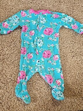 Baby Floral Footed One-Piece in Teal & Pink